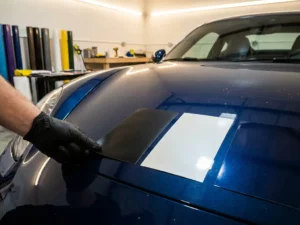Gehandschoende hand die matte zwarte, parelwitte en middernachtblauwe vinylwrap-stalen vergelijkt op een sportauto in een professionele wrapstudio.