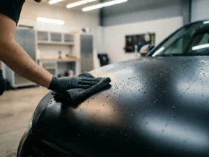 Gehandschoende hand die met microvezeldoek een matte zwart vinyl-gewrapte motorkap reinigt, waterdruppels glinsteren op het oppervlak.