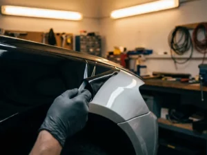 Gehandschoende hand die zwarte vinylwrap van een autocarrosserie pelt, met glanzende metallic lak eronder zichtbaar.
