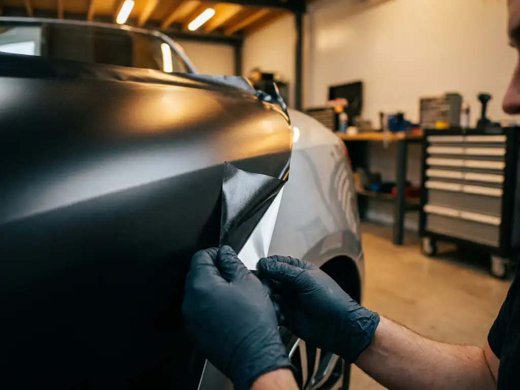 Handschoenen dragende technicus verwijdert matte zwarte vinylwrap van glanzend autocarrosseriepaneel, originele lak zichtbaar onder opgetild randje.
