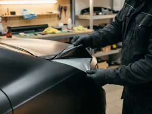 Technicus die matte zwarte vinylwrap van een autocarrosserie pelt, met glanzend oppervlak zichtbaar, in professionele autoworkshop.