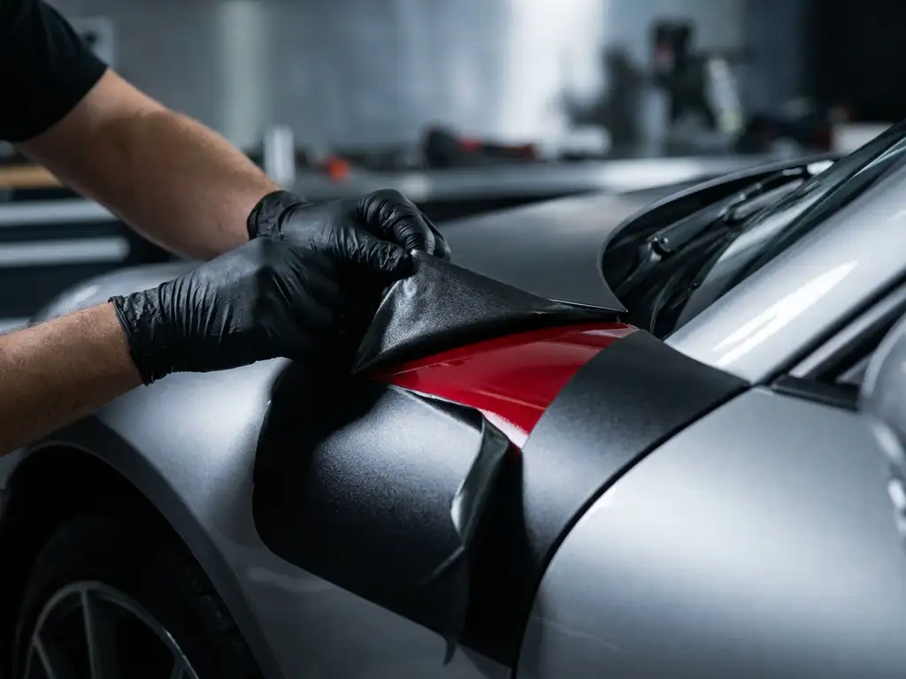 Technicus pelt matte zwarte vinylwrap terug van sportwagencarrosserie, met glanzend kersenrode lak eronder.