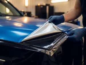 Handschoenen die vinyl wrap terugplooien om transparante paint protection film op zwarte motorkap te onthullen.