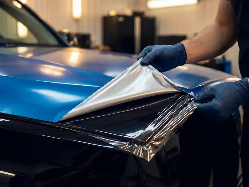 Handschoenen die vinyl wrap terugplooien om transparante paint protection film op zwarte motorkap te onthullen.