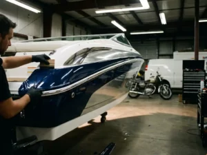 Technicus die marineblauwe vinylwrap strak aanbrengt op de gebogen romp van een witte speedboot in professionele werkplaats.