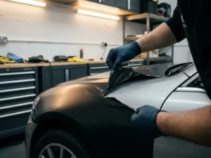 Technicus pelt beschadigd mat zwart vinylwrap van autocarrosserie, met originele lak zichtbaar eronder, professionele werkplaats.