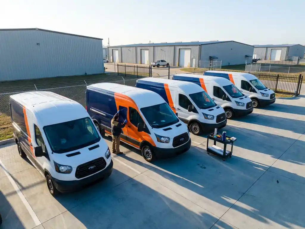 Vijf witte bestelwagens in industriële omgeving, één mid-applicatie met technicus die navy en oranje vinylwrap aanbrengt op zijpaneel.