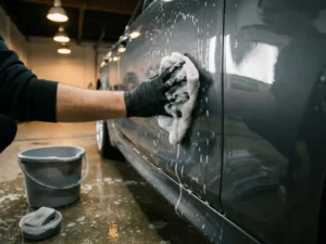 Glanzend autocarrosseriepaneel handgewassen met witte microvezeldoek, zeepsop op metallic oppervlak, detailingbucket en kleistaaf op epoxyvloer.