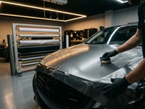 Technicus die metallic donkergrijze vinylfolie aanbrengt op de motorkap van een geleasede sedan in een professionele werkplaats.