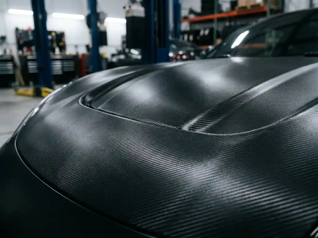 Sportswagen motorkap bekleed met zwart carbon fiber vinyl, geweven textuur zichtbaar in dramatisch studiolicht.