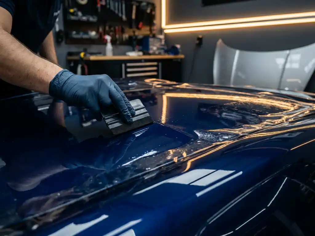 Gehandschoende technicus brengt transparante beschermfolie aan op metallic blauwe sportauto in professionele werkplaats.