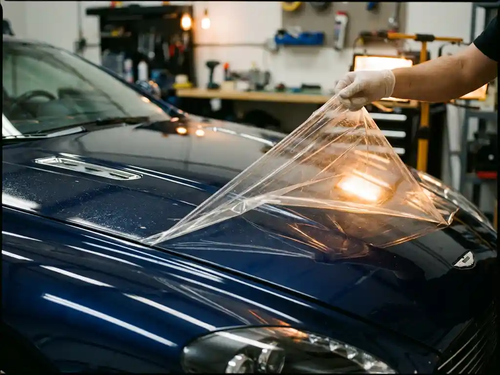 Technicus verwijdert transparante beschermfolie van glanzende metallic blauwe sportautomotorkap in professionele werkplaats.