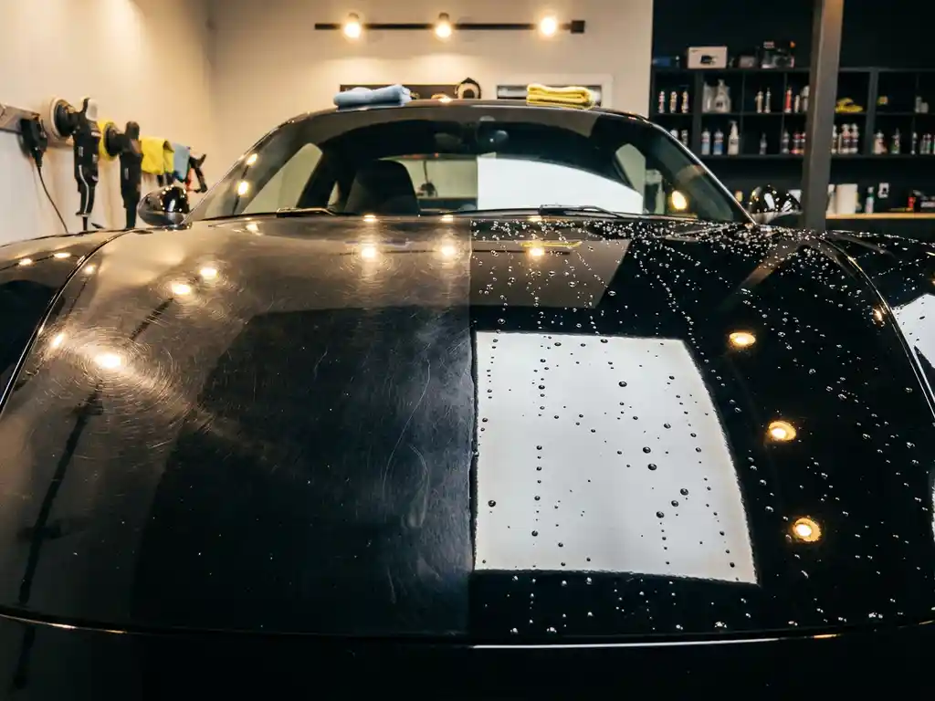 Luxe sportwagenhood half mat met wervelkrassen, half spiegelglad met keramische coating en waterdruppels, in professionele detaillingsstudio.