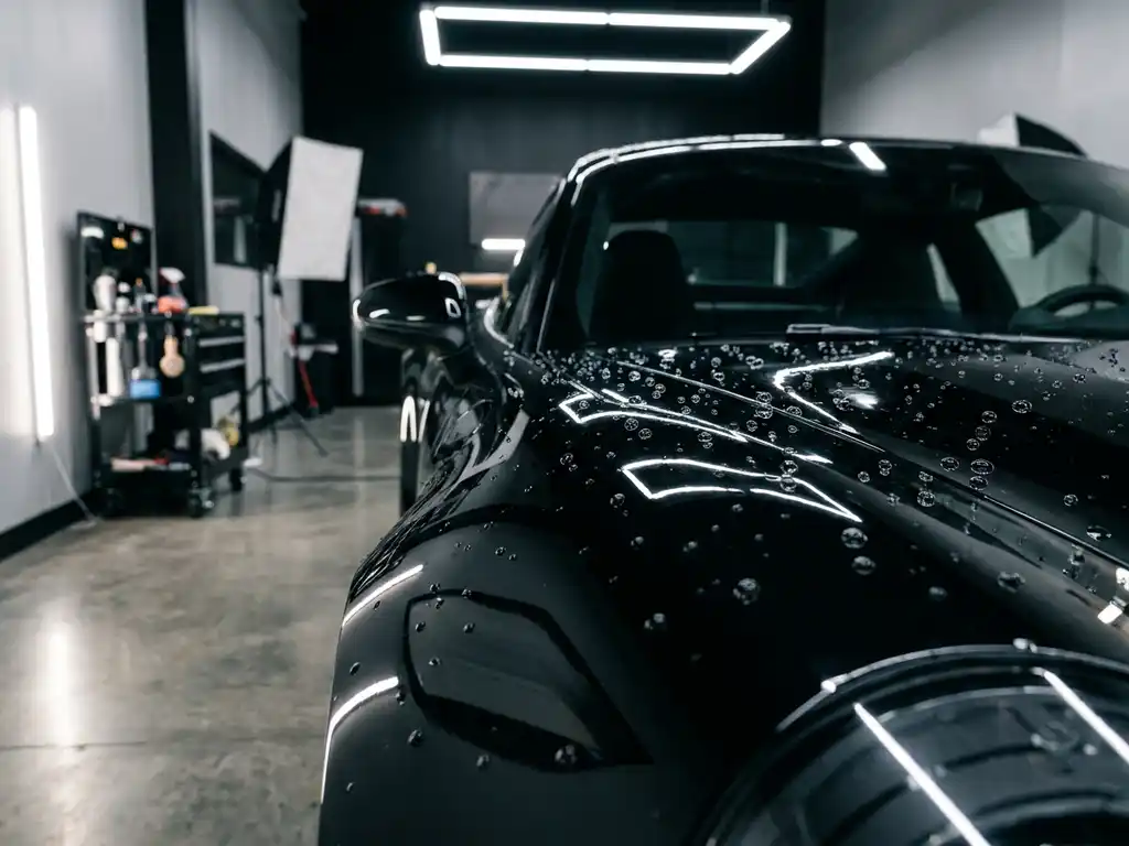 Glanzende zwarte motorkap met keramische coating, waterdruppels parelen op het oppervlak in een professionele detailingstudio.