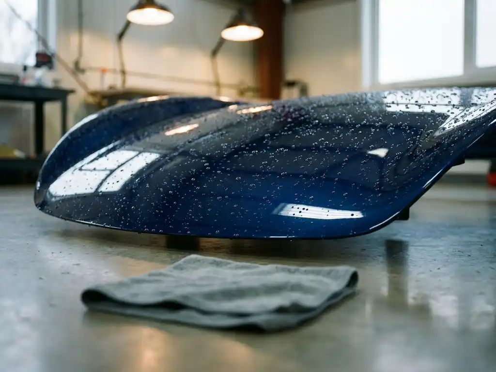 Waterparels op keramisch gecoat midnight blue autolak, met een microvezeldoek op de werkplaatsvloer ernaast.