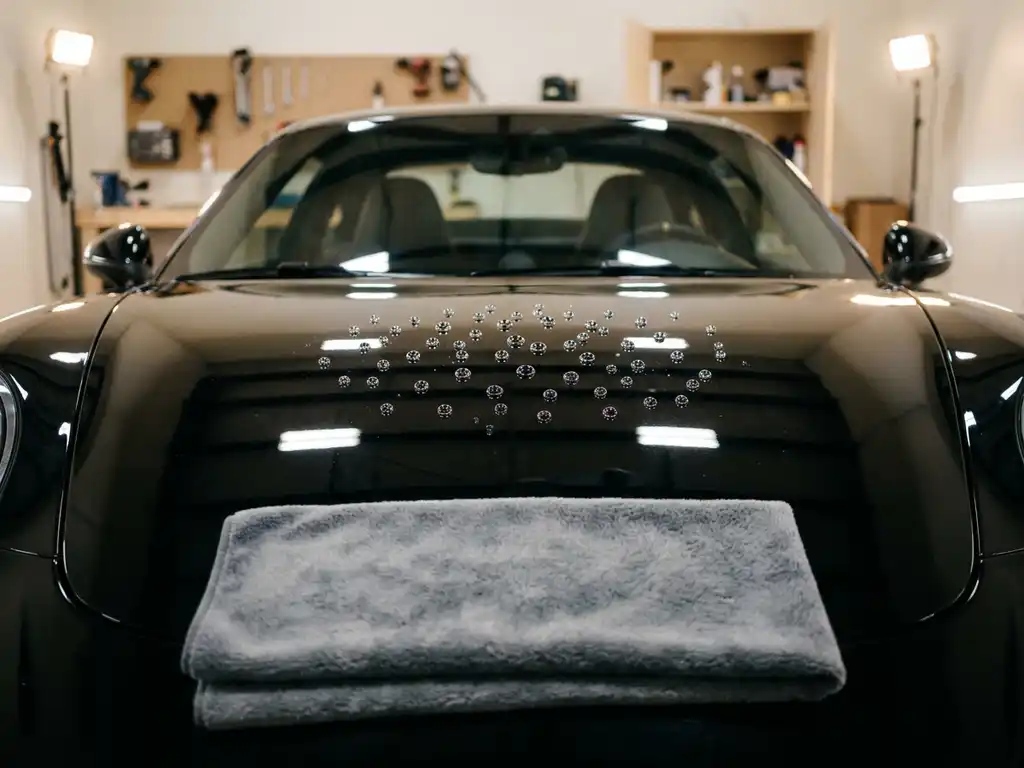 Keramisch gecoate zwarte motorhoed met parelende waterdruppels en microvezeldoek in professionele workshopomgeving.