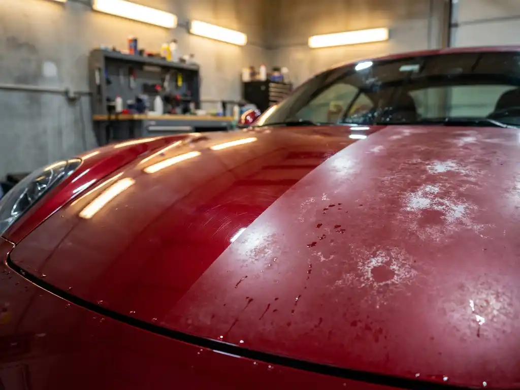Glanzende motorlak van een sportwagen met contrast tussen keramisch gecoat gedeelte en vervaagde, geoxideerde lak met waterplekken.