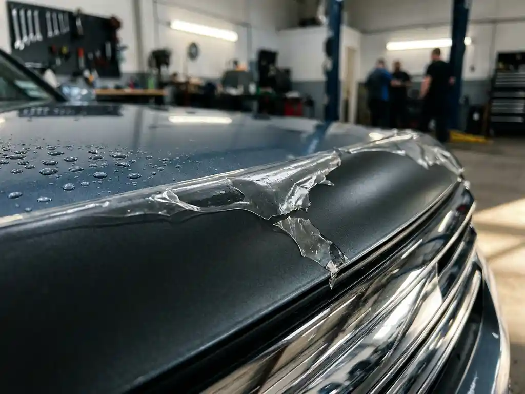 Keramische coating die loslaat aan de rand van een donkere motorhoed, met waterdruppels op het intacte oppervlak ernaast.