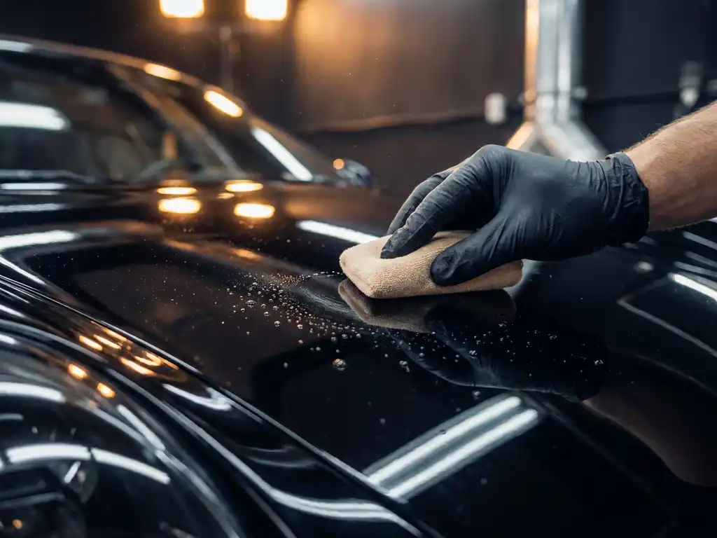 Gehandschoende hand die vloeibare keramische coating aanbrengt op een glanzende zwarte sportauto motorkap met microvezel applicator.