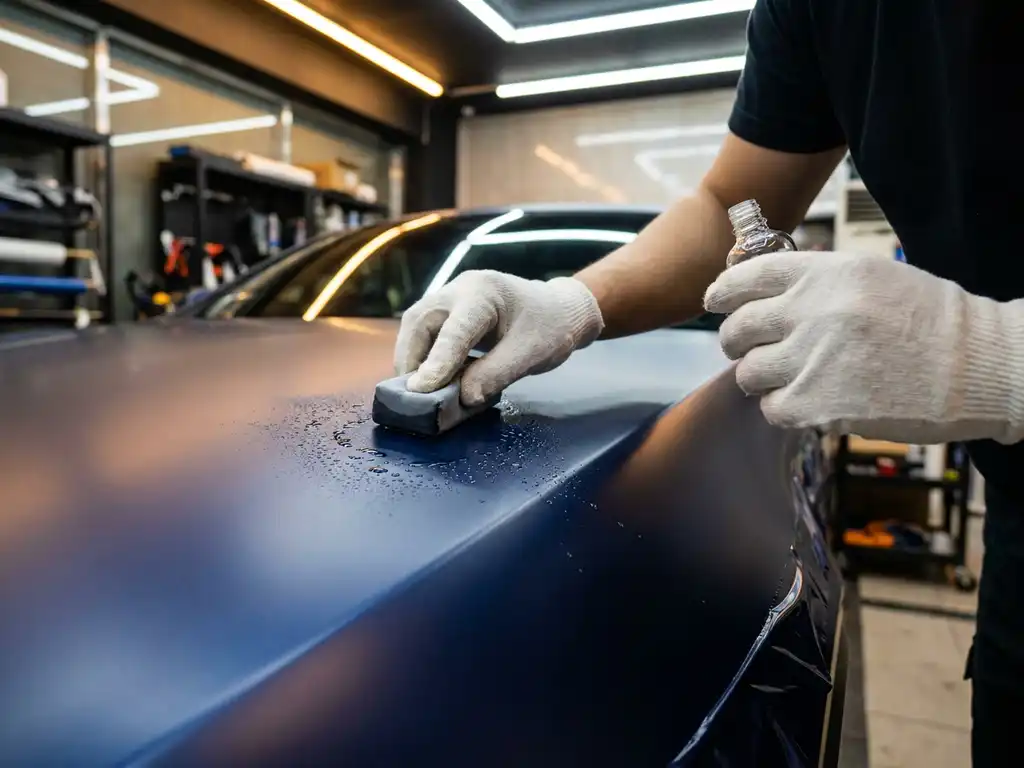 Technicus brengt keramische coating aan op donkerblauw vinyl gewrapte autocarrosserie in professionele werkplaats.