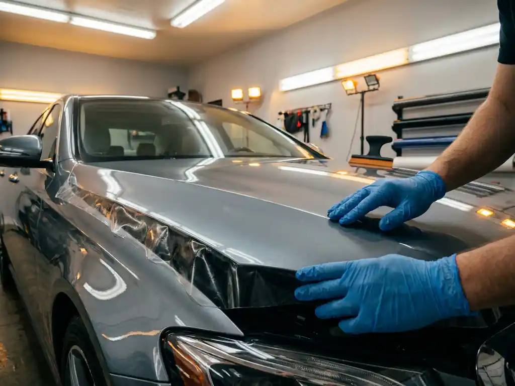 Technicus brengt transparante paint protection film aan op de glanzende motorkap van een nieuwe luxe auto in een professionele werkplaats.