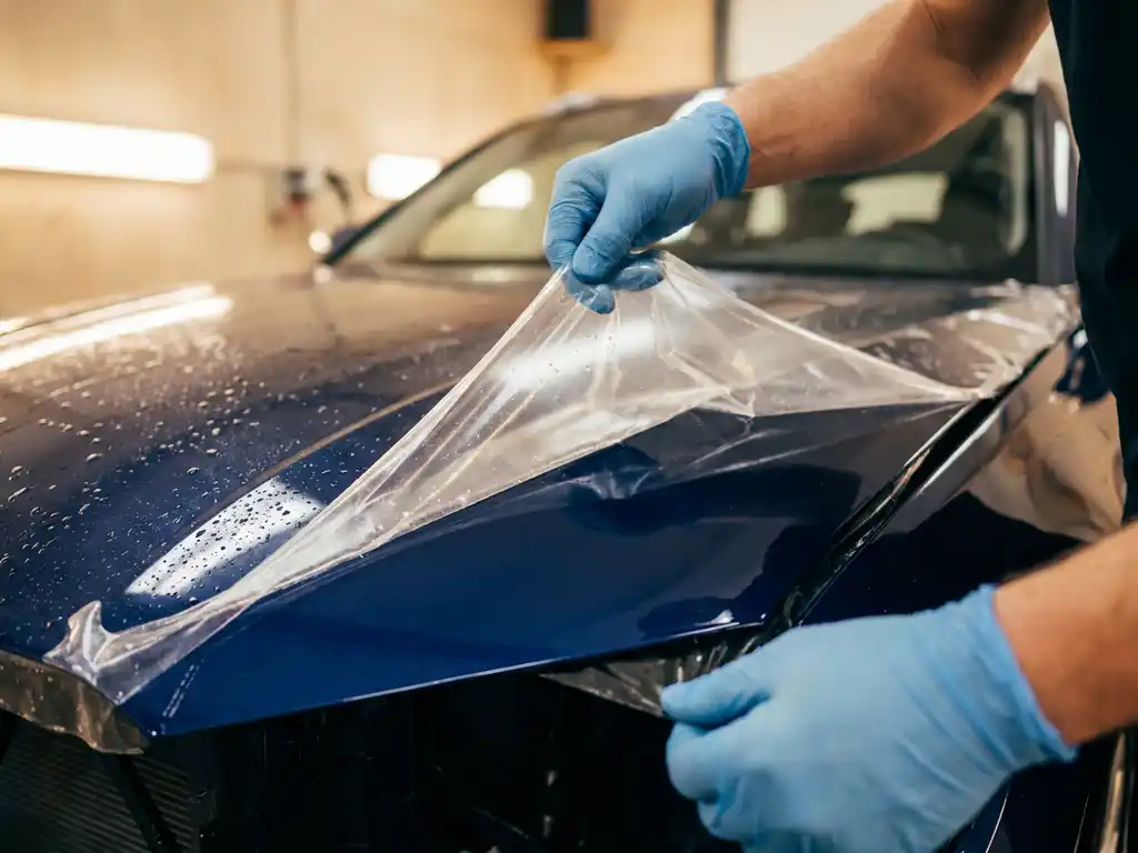 Transparante paint protection film wordt aangebracht op de glanzende motorkap van een donkerblauwe auto, met waterdruppels op het beschermde oppervlak.