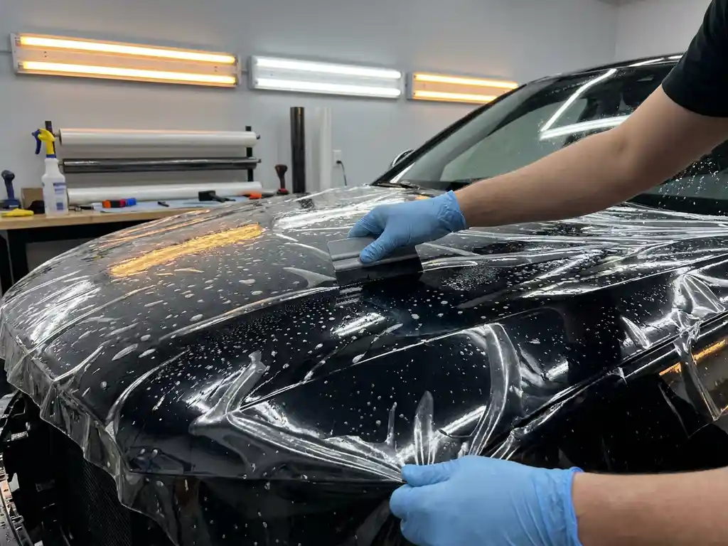 Installateur strijkt transparante paint protection film glad op zwarte motorhap met squeegee, waterdruppels zichtbaar op het oppervlak.