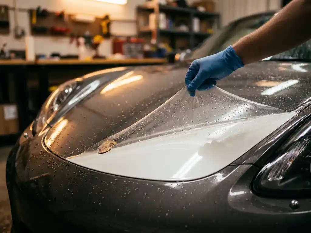 Technicus pelt transparante paint protection film van glanzende metallic motorkap, waterdruppels parelend op het oppervlak.