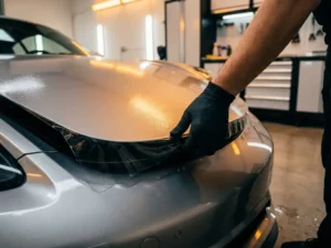 Technicus brengt transparante paint protection film aan op zilveren sportwagenmotorkap in professionele autoworkshop.