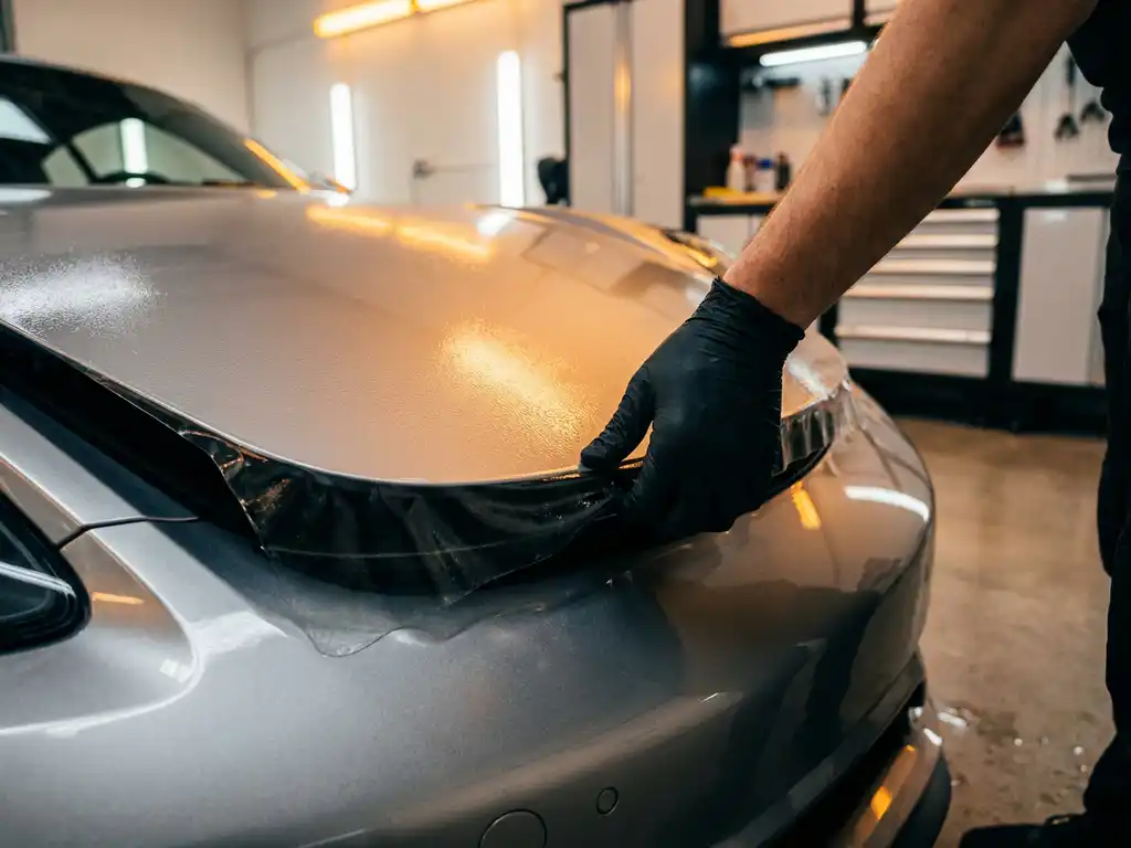 Technicus brengt transparante paint protection film aan op zilveren sportwagenmotorkap in professionele autoworkshop.