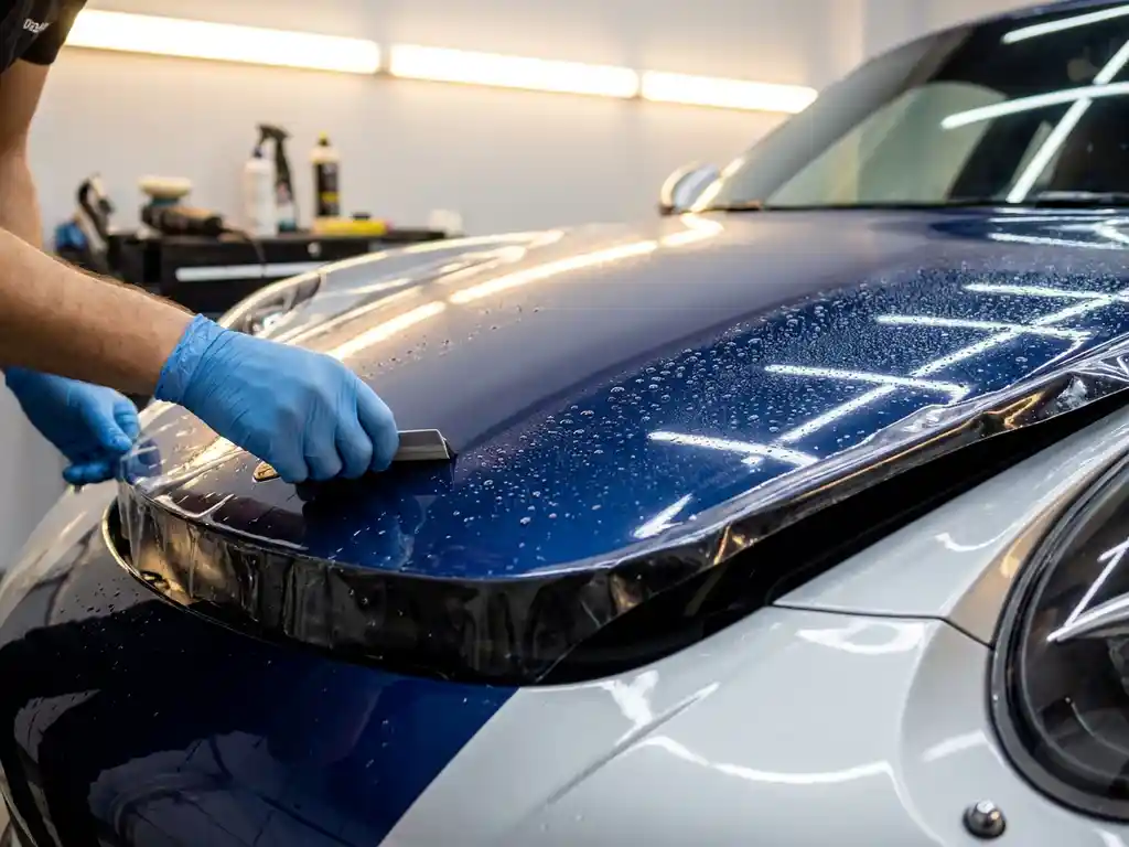 Gloved hands applying transparent paint protection film on a midnight blue sports car hood in a professional auto studio.