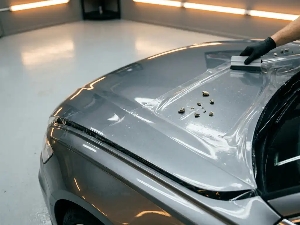 Transparante paint protection film aangebracht op zilveren motorkapglans, met grindstenen op het beschermde oppervlak in een werkplaats.