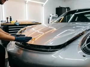 Technicus met handschoen die transparante beschermfolie aanbrengt op de motorkap van een zilveren sportwagen in professionele werkplaats.
