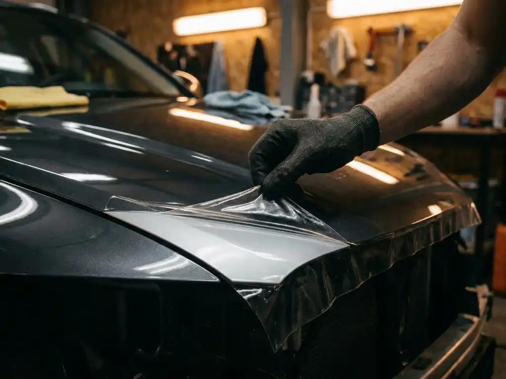Handschoen die paint protection film aanbrengt op glanzende motorkaprand, met licht omgekruld hoekje dat metallic lak onthult.