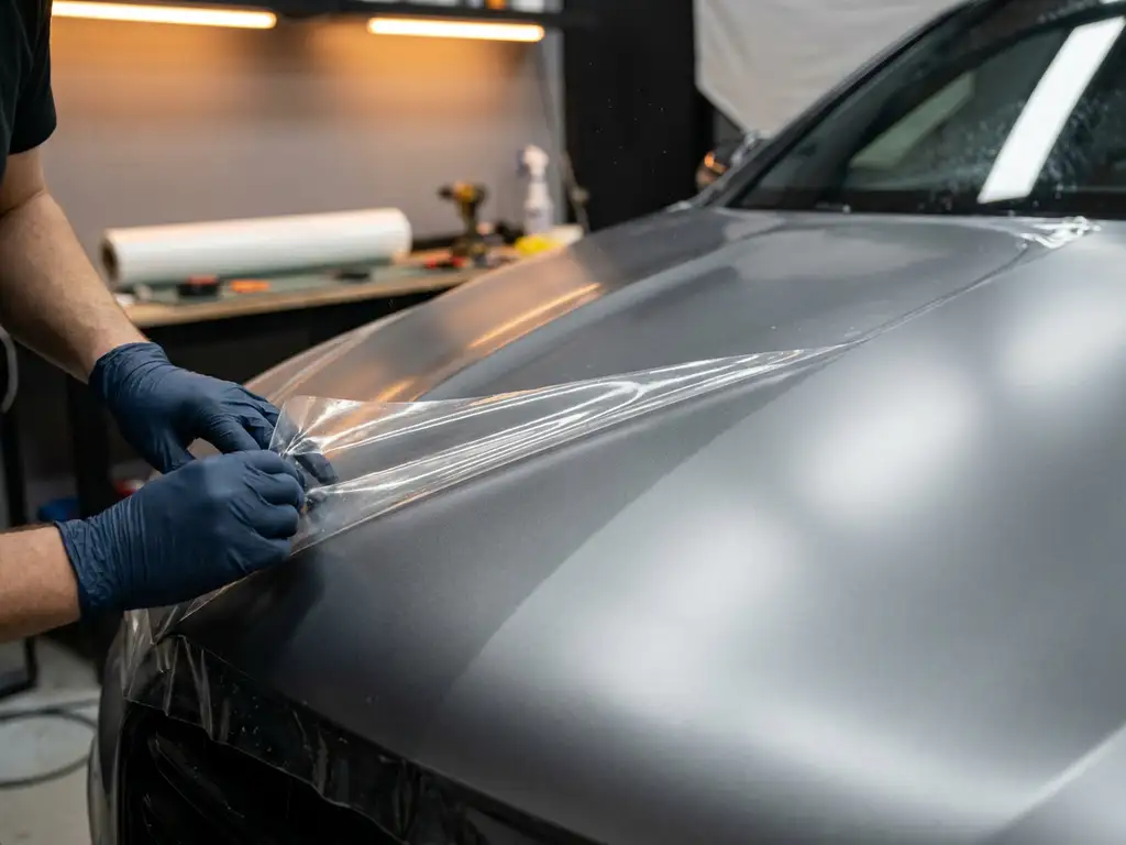 Technicus in handschoenen brengt transparante paintprotectionfilm aan op mat grijs autocarrosseriepaneel.