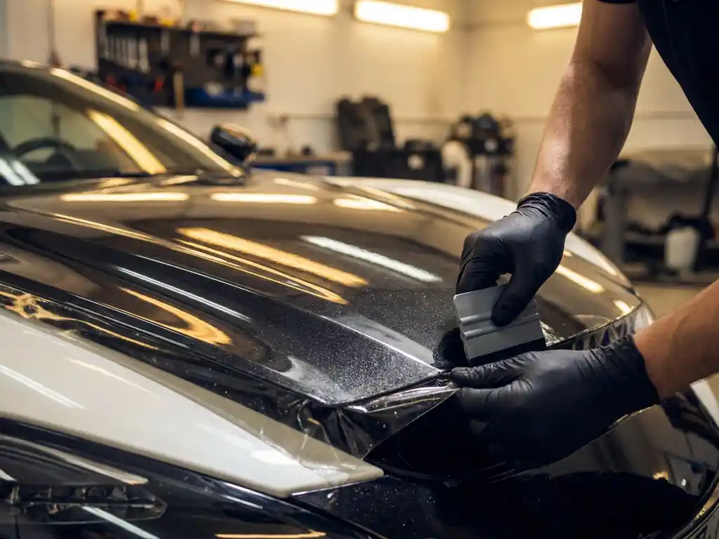 Specialist brengt transparante paint protection film aan op glanzende sportautomotorkap met precisietrekker in professionele werkplaats.