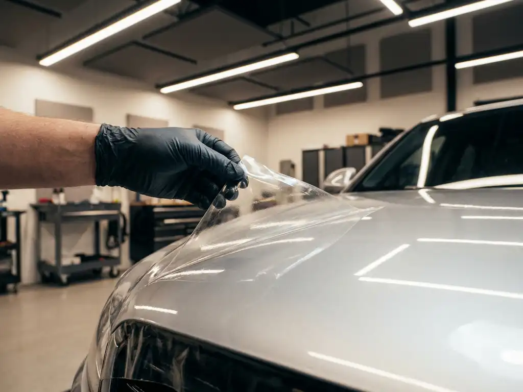 Handschoen pelt transparante paint protection film van glanzend metallic autolak in professionele werkplaats.