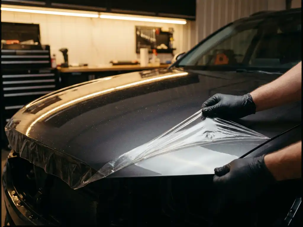 Technicus met handschoenen die transparante paintprotectionfilm van glanzende zilveren motorkap verwijdert in autoworkshop.