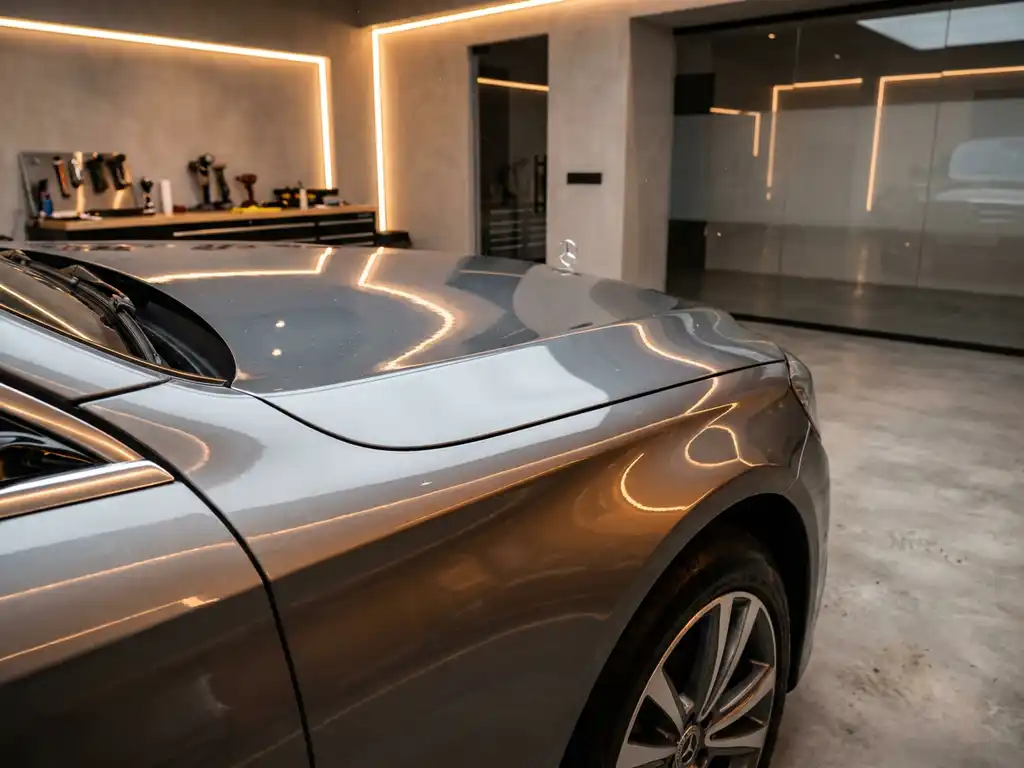 Luxe sedan met spiegelglanzende paint protection film op de motorkap in een moderne detailing studio.