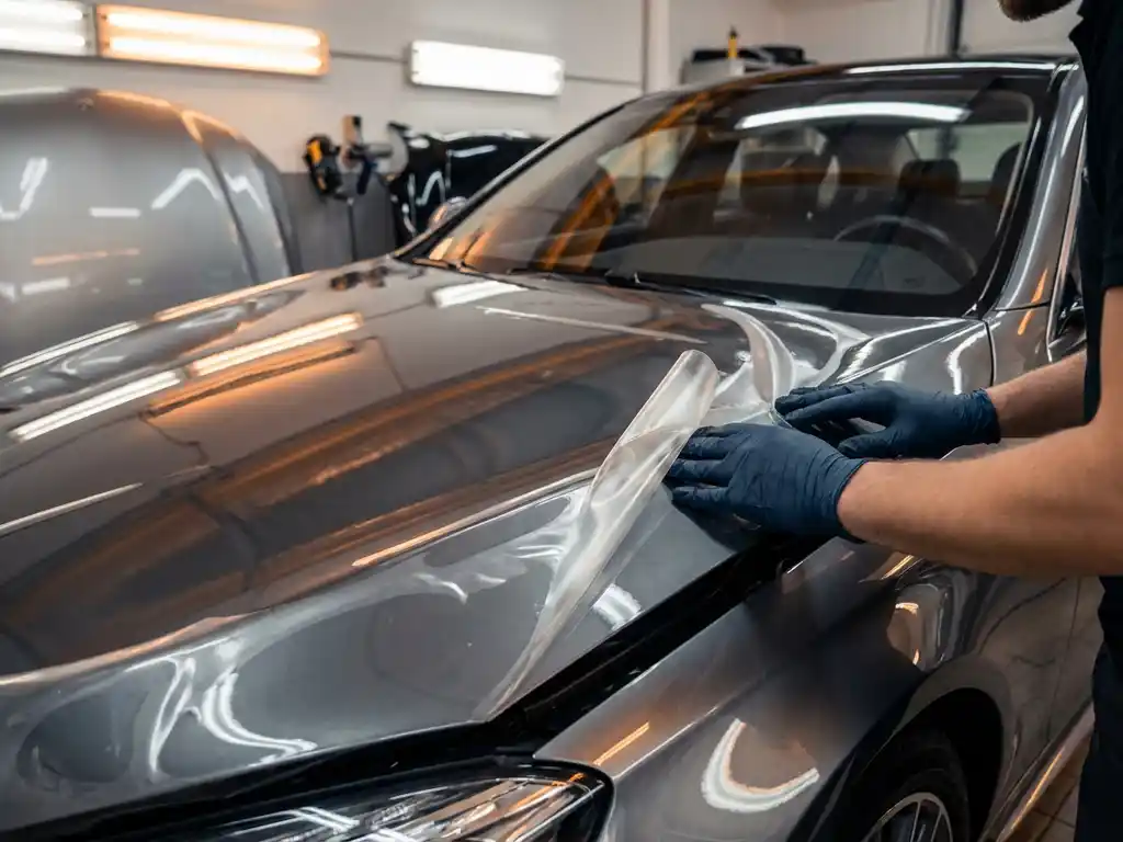 Technicus brengt transparante beschermfolie aan op de gepolijste motorkap van een zilveren luxe sedan in een professionele autogarage.