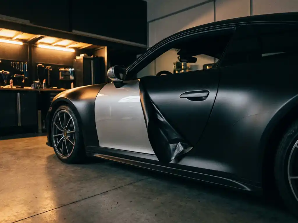 Sportauto met matte zwarte vinylwrap, half afgestript met zichtbaar origineel zilver lak, gefotografeerd in moderne werkplaats.