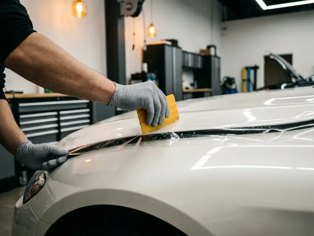 Technicus brengt transparante paint protection film aan op witte motorkap met trekker, luchtvellen glad strijkend in moderne werkplaats.