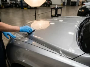 Technicus brengt transparante PPF-folie aan op de motorkap van een luxe auto in een professionele werkplaats.