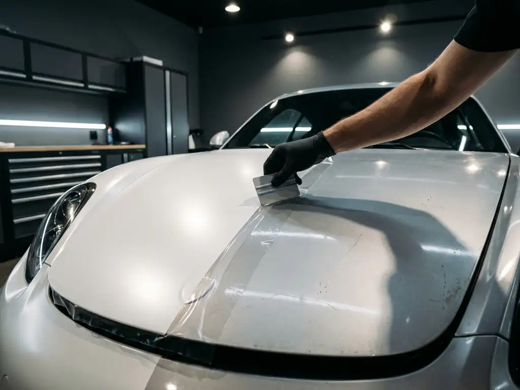 Technicus brengt transparante paint protection film aan op sportwagenMotorkap, half gewikkeld, in moderne autoworkshop.