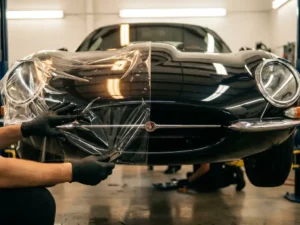 Gloved hands applying paint protection film on a glossy black sports car hood in a professional workshop.