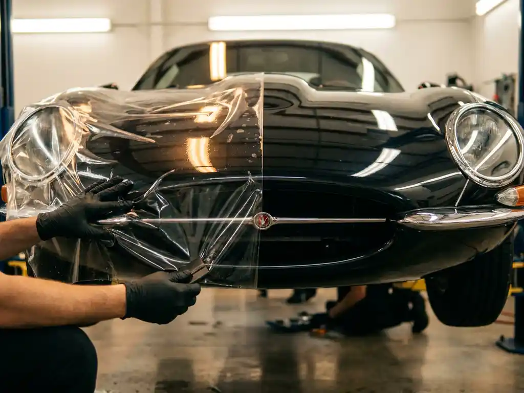 Gloved hands applying paint protection film on a glossy black sports car hood in a professional workshop.