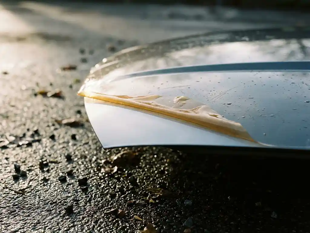 PPF-folie die licht loslaat op zilveren motorhoed, met zichtbare pristine lak eronder en fijn grind op nat asfalt.