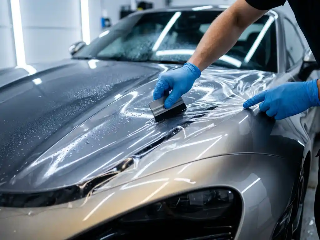 Technicus brengt transparante PPF-folie aan op de motorkap van een glanzende sportwagen met metallic lak.
