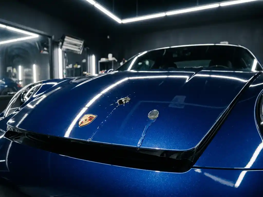 Metallic blauwe motorkap met transparante PPF-folie waarop vogelpoep en zuurdruppel afrollen zonder schade.