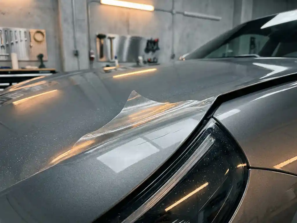 PPF-folie die terugpelt op de hoek van een luxe sportauto, met een kleine kras op de blanke lak eronder.